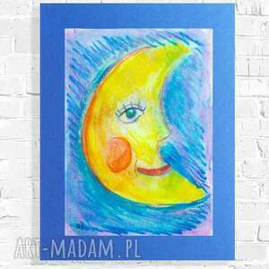 handmade pokoik dziecka bajkowy obraz malowany ręcznie, księżyc rysunek, księżyc obraz