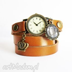 ręczne wykonanie bransoletka, zegarek - biała sowa camel, skórzany