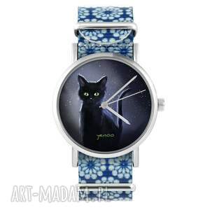 zegarek - czarny kot noc niebieski, kwiaty nylonowy pasek dla niej