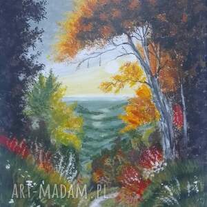 obraz ręcznie malowany akrylowy gdy dzień się kładzie - 30x24cm pejzaż jesienny