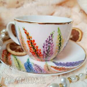 ręcznie malowany łubin komplet filiżanka 200 ml. - malowana porcelana, prezent