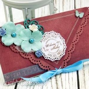 scrapbooking kartki kopertówka ślubna - turkusowe bordo, kartka wesele