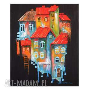 Kolorchatkowo I - obraz kolorowe domki ręcznie malowany na płótnie 25 x 30 cm