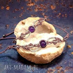 mroczny ogród z ametystem w makramie komplet pleciony fioletowo srebrny