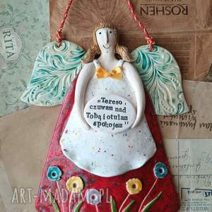 wiosenny anioł z dedykacją, ceramika, wiosna, kwiaty