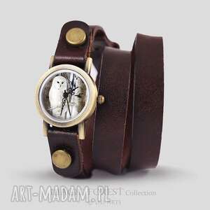 handmade bransoletka, zegarek - biała sowa - brązowy, skórzany