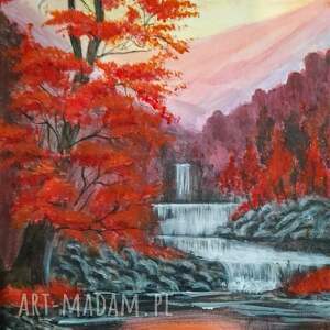 pejzaż akrylowy ręcznie malowany na płótnie karmazynowa kaskada - 30x24cm