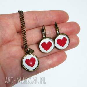 naszyjnik i kolczyki - czerwone serce, brąz, komplet, medalion, miłość