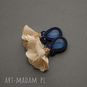 kolczyki sutasz z kwiatkiem, sznurek, wyjściowe, długie eleganckie, kremowe