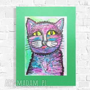 ręcznie robione pokoik dziecka kolorowy rysunek z kotem, oryginalna grafika z kotem, kot