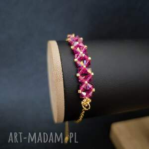 bransoletka fuchsia z koralików i kryształków fuksja róż złoto, stal nierdzewna