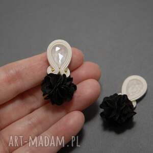 czarno-białe klipsy sutasz z kwiatkiem, sznurek, wyjściowe delikatne, eleganckie