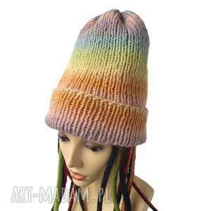Ręcznie robiona czapka na drutach - pastelowy gradient, wysoka, wełna