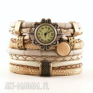 handmade zegarki zegarek - bransoletka beżowo - piaskowy z drewnianą
