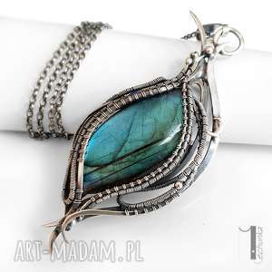 ptasie trele ii srebrny naszyjnik z labradorytem, wirewrapping, baśniowy