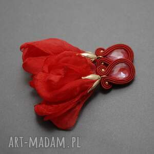 czerwone kolczyki sutasz z kwiatkiem, sznurek, wyjściowe, wieczorowe