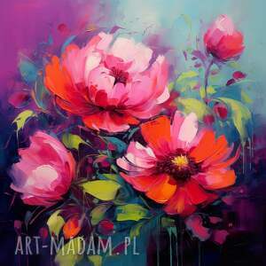 fioletowy obraz z różowymi kwiatami - kolorowy obraz kwiaty - wydruk artystyczny 50x50