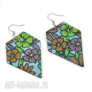 kolczyki skórzane diamenty niebieskie w kolorowe kwiaty, stal chirurgiczna