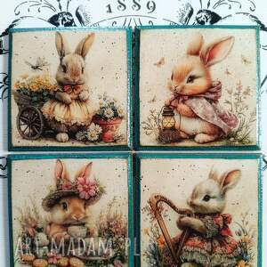 Podkładki decoupage z zajączkami vintage - komplet 4 szt.