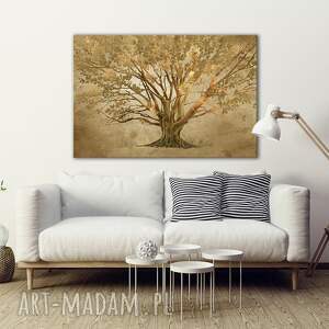 obraz do salonu drukowany na płótnie z drzewem w odcieniach złota 120x80