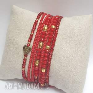 bransoletka boho makrama sznurek czerwona3, czerwone korale unikat