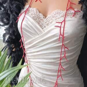 naszyjnik długi czerwony gałązki koralikowe, drobne koraliki na szyje, korale