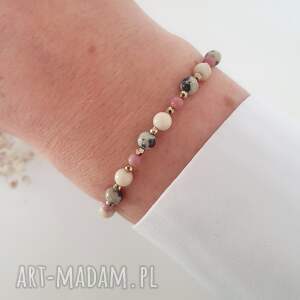 bransoletka z rodonitem, prezent dla kobiety, jaspis dalmatyński, pasteowa