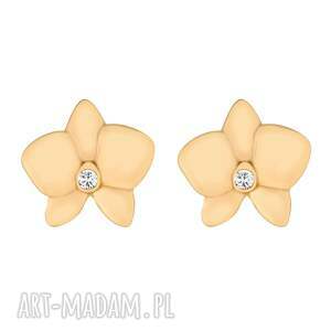 Złote kolczyki orchidee z kryształkami, pozłacane