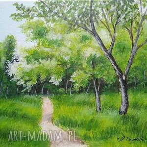obraz ręcznie malowany akrylowy w głębi zieleni - 30x24cm, pejzaż letni