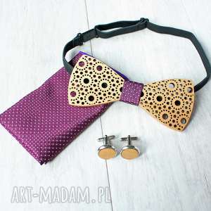 handmade muchy i muszki zestaw drewniana muszka poszetka spinki spots fiolet