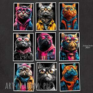 miejskie koty - zestaw 9 grafik 13x18 cm, grafiki z kotami, prezent, prezent
