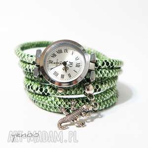 handmade zegarki zegarek, bransoletka zielony, wężowy - jaszczurka