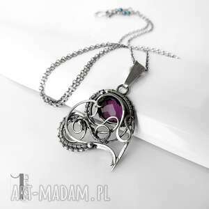 purple heart i - srebrne serce z ametystem, naszyjnik srebrny, wire