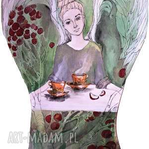 anioł z malinówkami obraz farbami akrylowymi na drewnie artystki adriany laube