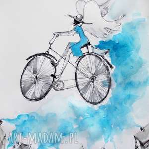 praca akwarelą i piórkiem anioł na rowerze rozsypujący spokój artystki plastyka
