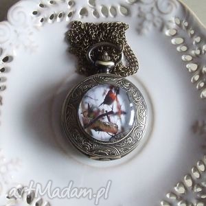 ręcznie wykonane wisiorki zegarek wisior medalion vintage z grafiką ptaszek