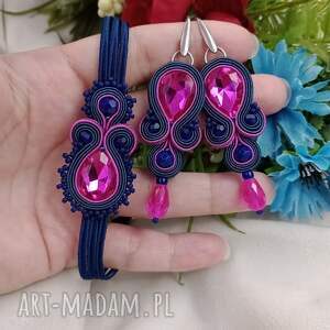 fuksja i granat, komplet biżuterii soutache kolczyki bransoletka róż