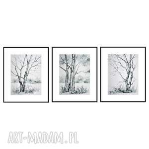 pejzaż w czerni i bieli, komplet trzech akwareli, tryptyk obrazy, drzewa
