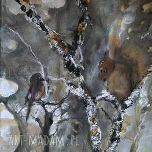 akwarela pt przyjazn obraz krajobraz, las natura, ptak