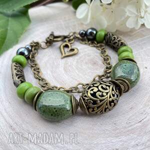 ceramiczna bransoletka w tonacji leśnej zieleni c652, ceramiczne korale