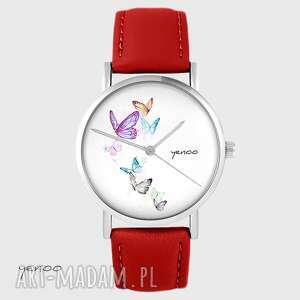 handmade zegarki zegarek - motyle czerwony, skórzany