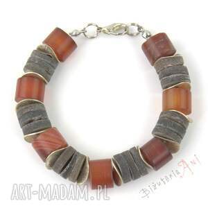 Bransoletka z karneolem, karneol, muszla tęczowa, biżuteria autorska