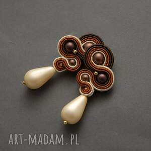 brązowo kremowe kolczyki sutasz, sznurek, eleganckie, wieczorowe