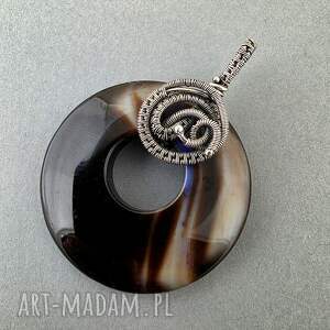 eleosa - wisior wire wrapping z brązowo kremowym agatem, okrągły wisiorek, duży