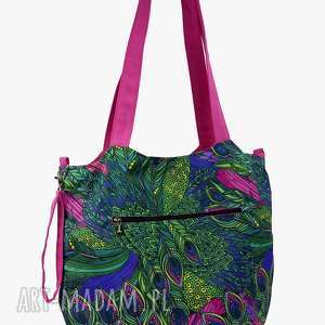 handmade na ramię torba shopper z mocowanim do wózka pawie pióra