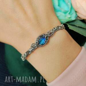 bransoletka labradoryt niebieski sztywna stal chirurgiczna handmade wirewrapping