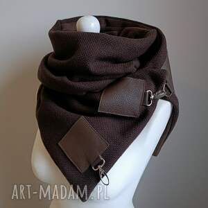 wełniany ze skórą, Komin Unisex Brązowy - ciepły szalik