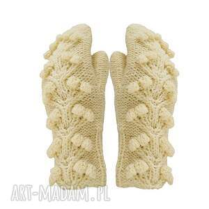 MonDu: rękawiczki flora - ecru, na drutach, jednopalczaste, na mikołajki, z jednym palcem