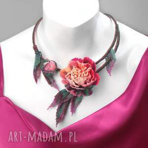 kwiatowy naszyjnik piwonia. kolia z japońskich koralików, naszyjnik