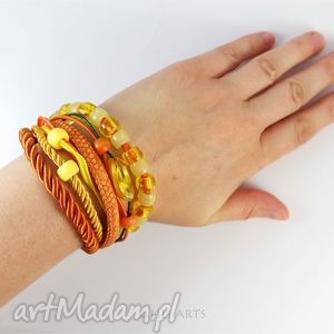ręczne wykonanie bransoletka - pomarańczowa, żółta - rzemienie